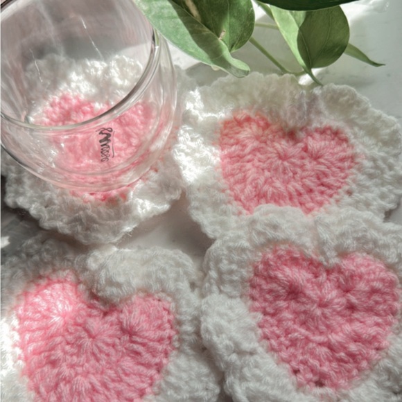 Handmade Other - Handmade pink & white crochet heart coaster ( set of 4)